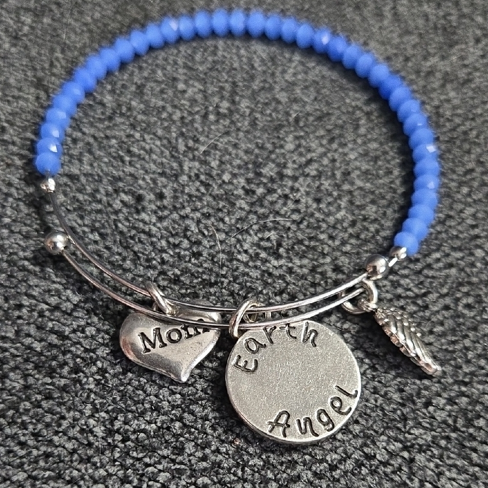 Blue Beaded Bracelet with Silver Toned‎ Charms